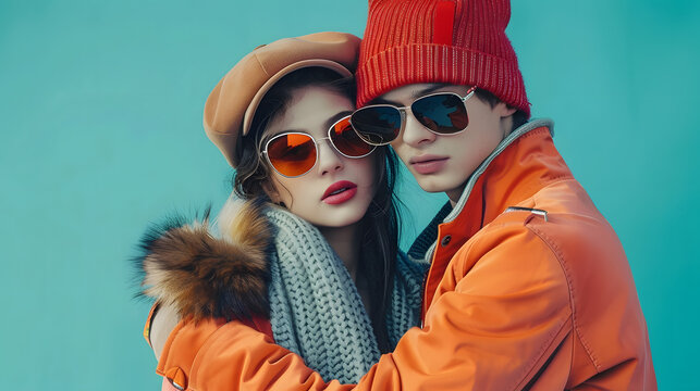 fashionable models in winter outfits posing together on turquoise background young stylish couple : Generative AI