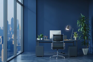 Fototapeta premium A modern office space with a large window overlooking a city skyline. A desk with a computer, lamp, and plants is in the foreground. The office is painted in a deep blue color