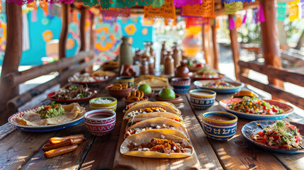 Traditional Mexican holiday food feast. Assortment of traditional Mexican dishes. Colorful table with food. Celebrating a delicious party. Food concept. Hispanic Heritage Month.