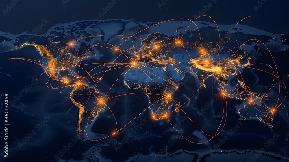Poster a map with highlighted shipping routes connecting continents for global trade