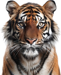 Fototapeta premium Tiger breed Malayan isolated on white background, Tiger png no background isolated on transparent, Tiger half body face
