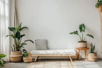Fototapeta premium A bright living room with a white wall, wooden furniture, and lush green plants in wicker baskets