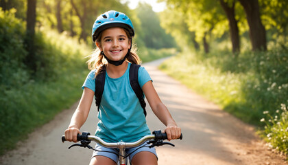Fototapeta premium A young girl wearing a helmet smiles as she bikes along a path through a forest.