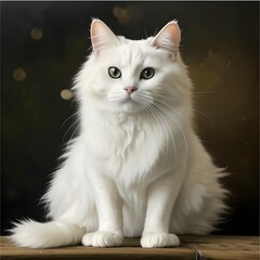 Obraz premium cute white cat, a cat sitting on a bench, on a dark background