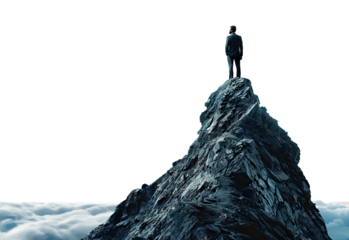 Businessman standing on top of a mountain peak, cut out