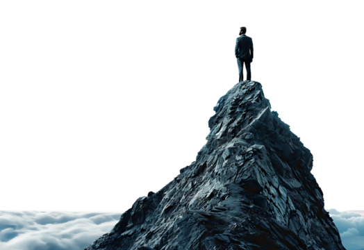 Businessman standing on top of a mountain peak, cut out