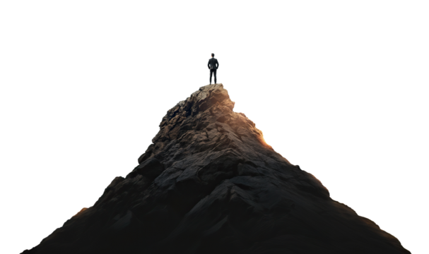 Businessman standing on top of a mountain peak, cut out