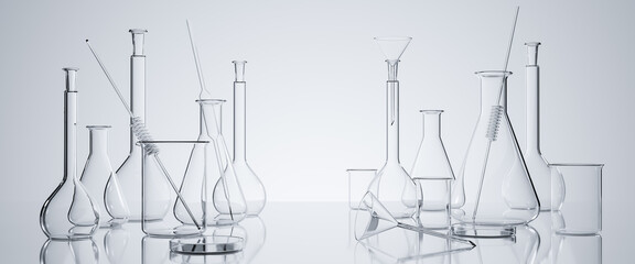 Group of scientific laboratory glassware with clear liquid solution, Research and development...
