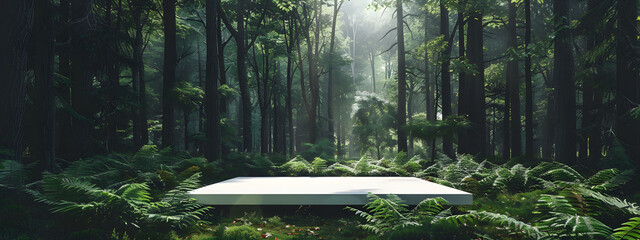 Minimalist white rectangular podium placed in the middle of an enchanted forest. 3D scene features lush green nature, plants, and a serene forest backdrop, for showcasing products in a natural setting