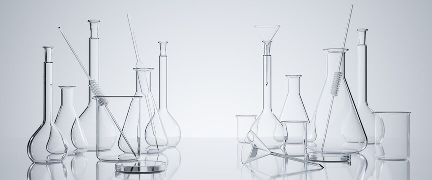 Group of scientific laboratory glassware with clear liquid solution, Research and development concept.Realistic Glass Laboratory Equipment Set. Flasks and measuring beaker for science experiment