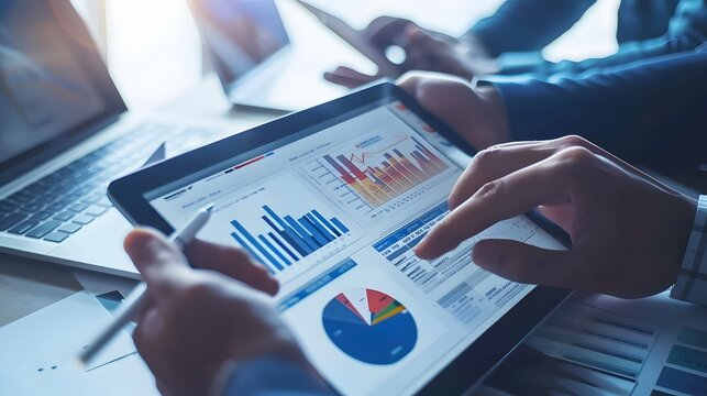 A team using a tablet with a collaborative business app to track progress