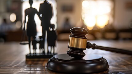 Divorce proceedings in court, where a judge's gavel separates a family.
