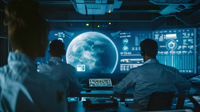 Three crew members monitor an unknown planet from the spaceship's control room