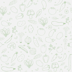 Green contour drawing of vegetables on a light background. Seamless pattern. Hand drawn, isolated. Background for paper, cover, textile, dishes, interior decor.