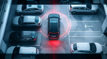 Visualization of the intelligent car parking assistant system from an overhead perspective, using autonomous technology to safely scan the road and handle parking independently.