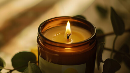 Amber shaded candle with green sage and lemon label, placed on a background. Its warm light and subtle scent blend with the elegant label design.