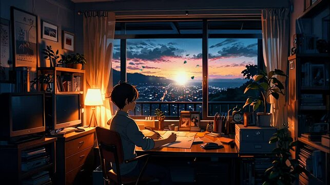 A cozy lofi student study room with a wooden desk and chair near a large window showing a serene night view.