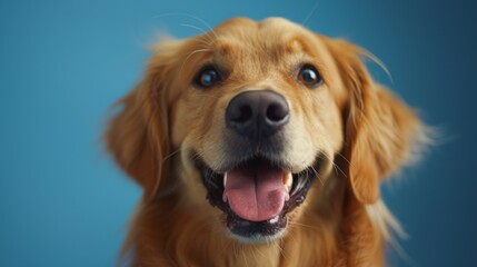 Funny and joyful Golden Retriever. Isolated against blue background. Dog. Pet. Canine.