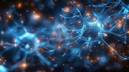 An artistic representation of a neuron cell illuminated in blue light with branching connectors, highlighting concepts of neuroscience, connectivity, and brain functionality.