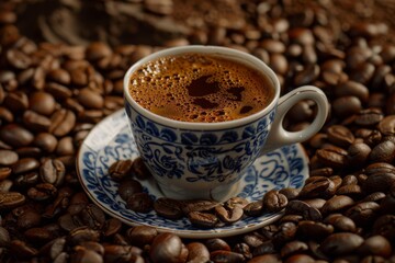 Fototapeta premium A cup of Turkish Coffee inside a pile of coffee beans