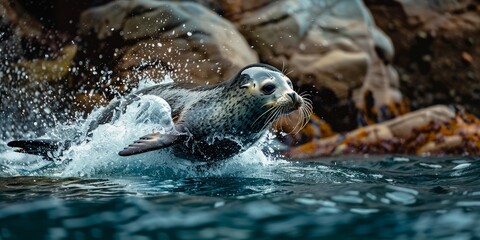 Obraz premium Dynamic Seal Leaping from Water Against Rocky Backdrop