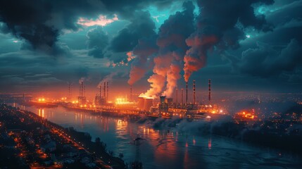 Fototapeta premium This image depicts an expansive power plant at dusk, with intense smoke emerging from its chimneys, against a dramatic sky backdrop, illustrating energy production's environmental impact.