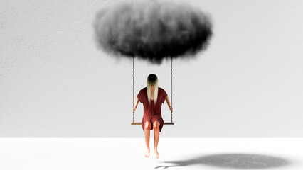 Young woman on swing suspended under a gray cloud.  Image is 3d rendered.