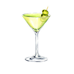 watercolor glass of martini cocktail with green olives on a toothpick, summer composition of refreshing drink, illustration, hand drawn sketch of cold beverage isolated white background, for bar menu