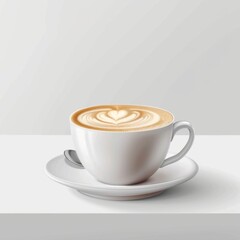 cup of dark Latte coffee in a white cup, on top of a white table, isolated on white background