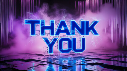 A futuristic digital sculpture, created from pulsing neon lights and distorted code, displays the animated message "Thank You" in bold, glitchy blue text