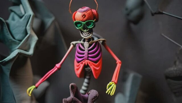 Generative AI animation of a skeleton djing with turntables in a cemetery at night. Funny halloween background.