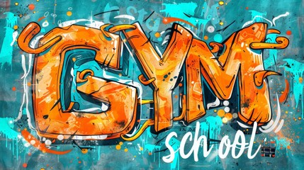 A vibrant graffiti artwork depicting the word "GYM" with a "school" tag on a dynamic, colorful background