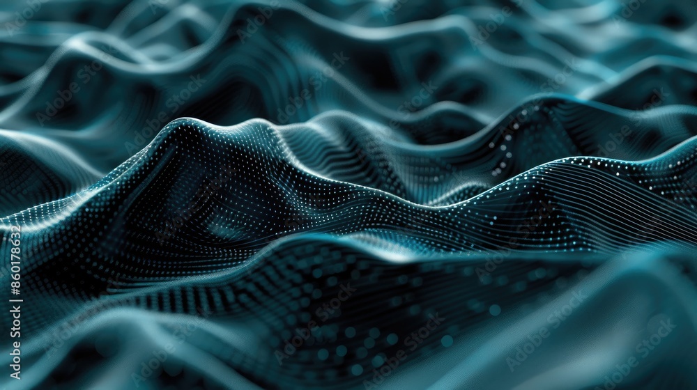 Poster blue and black abstract 3d rendering of a wavy surface lit from the left. aig535