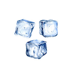 Obraz premium set of crystal ice blocks, hand drawn watercolor realistic ice cubes for summer refreshing drinks, blue frozen water cubes for cocktails isolated on white background, for summer menu and cards
