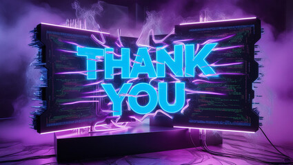 A futuristic digital sculpture, created from pulsing neon lights and distorted code, displays the animated message "Thank You" in bold, glitchy blue text