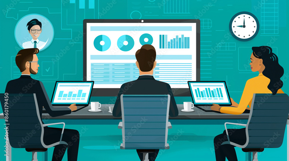 Poster three professionals reviewing data on laptops and a large screen, with charts and graphs in a modern