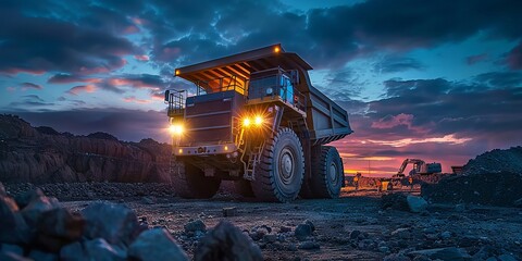 Giant Mining Truck at Sunset in an Open Pit Mining Operation