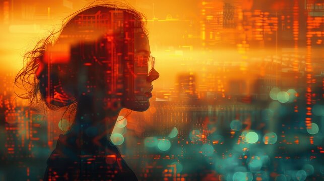 A silhouetted profile of a person wearing glasses, overlaid with city lights and bokeh effects, creating a visually striking contrast between human form and urban landscape.