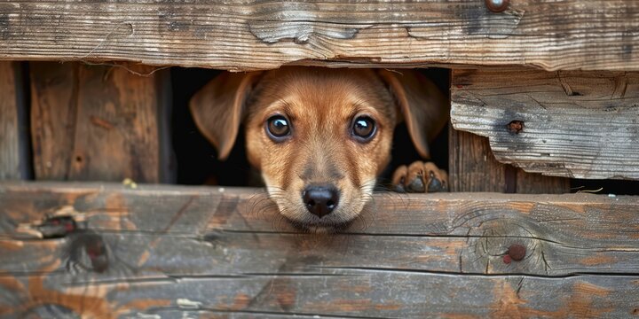 Cute Puppy Peeking Through Wooden Fence, Adorable Animal Waiting at Rustic Barn Window