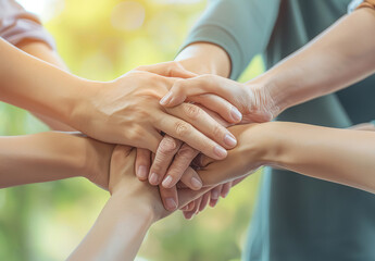Closeup of Hands Holding Together: Team Support , Team work and Unity Outdoors on a Sunny Day