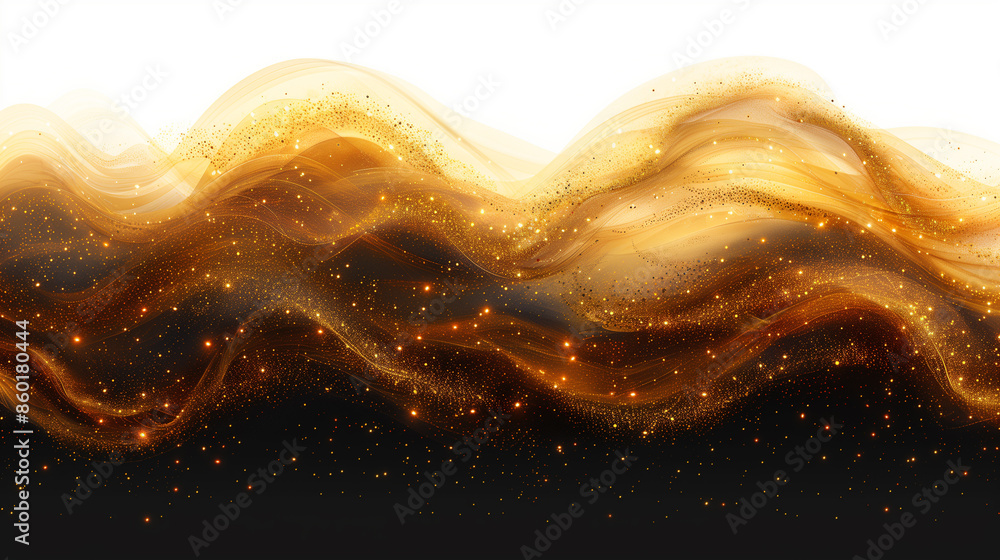 Poster golden waves flow gracefully over a dark background, sparkling with tiny, luminous stars and particl
