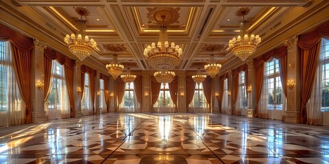 Obraz premium Elegant Grand Ballroom with Luxurious Chandelier Lighting and Opulent Design