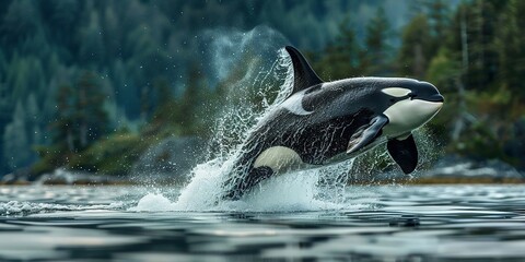 Obraz premium Majestic Orca Leaping Out of Ocean Near Forest Shoreline in Misty Afternoon