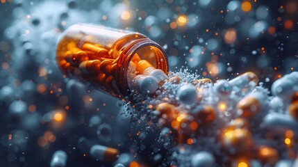 An artistic composition showing an amber jar tipped over, spilling pills and capsules, captured with floating particles and a bokeh effect providing an ethereal feel.