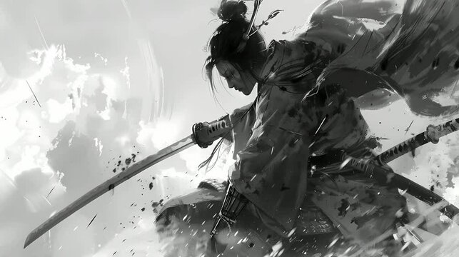 Samurai with Katana Animation Loop, Traditional Anime Manga Warrior, black and white