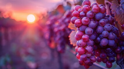 Fototapeta premium Ripe grape clusters hanging on vineyard vines during a stunning sunset, capturing the rich, deep colors and the bountiful harvest of a fruitful vineyard.