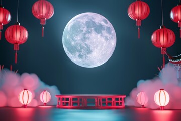 Obraz premium product showcase platform in front of oriental moon festival backdrop