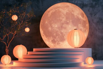 product showcase platform in front of oriental moon festival backdrop