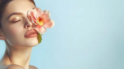 Femininity Portrait of beautiful sensual woman with bared shoulders with flower standing with closed eyes isolated over light background Concept of spa female health spa and cosmetics : Generative AI