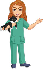 Illustration of cartoon veterinarian holding a black and white cat